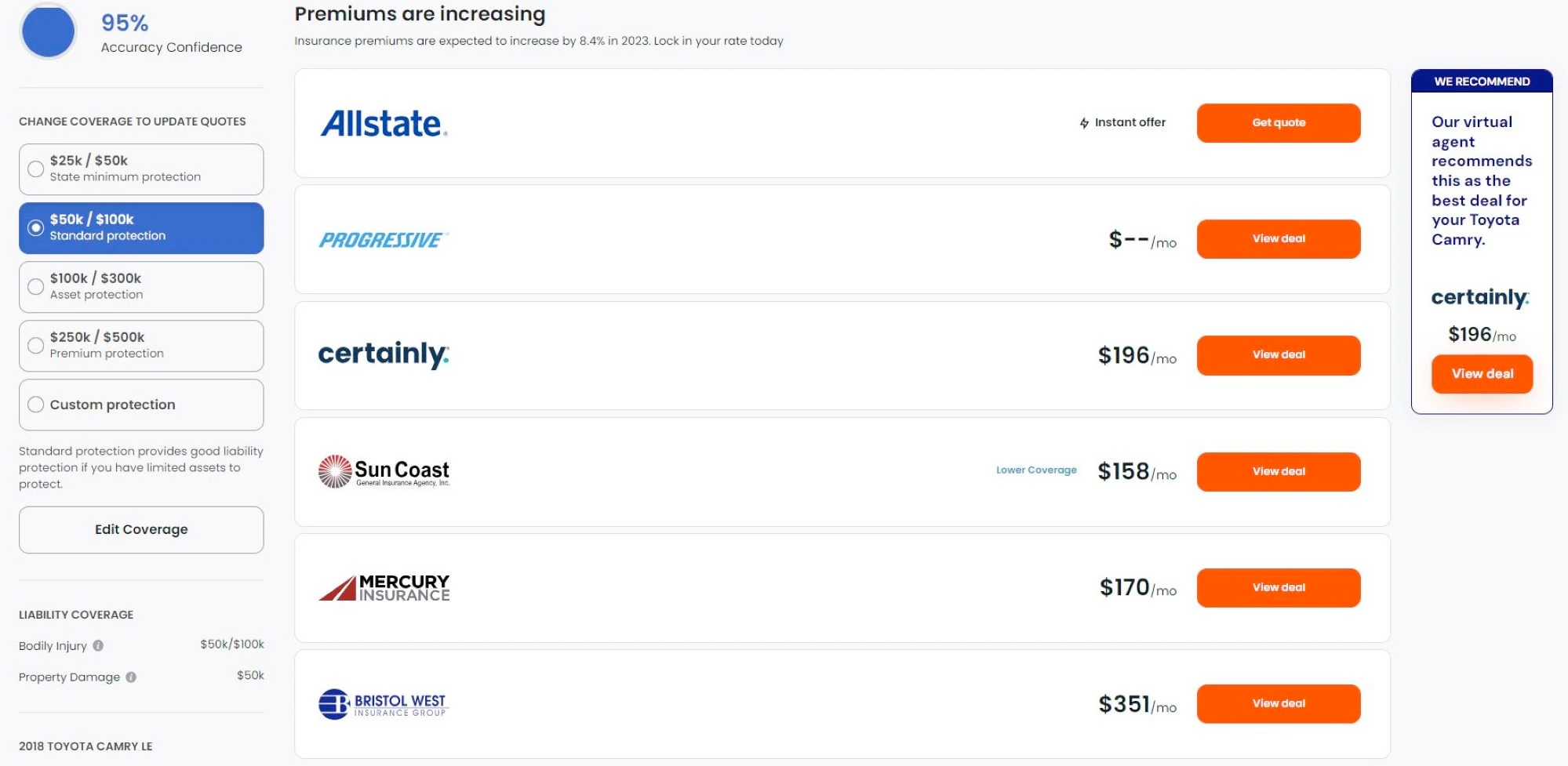 a digital screen showing side-by-side auto insurance quotes comparison results.